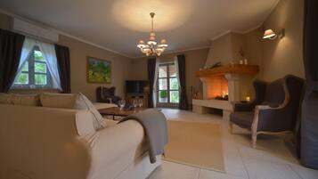 Smart TV, fireplace, video games, DVD player