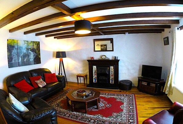 Téléviseur, foyer, lecteur de DVD, livres