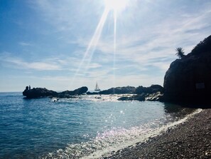 Ranta lähistöllä, aurinkotuoleja, rantapyyhkeitä