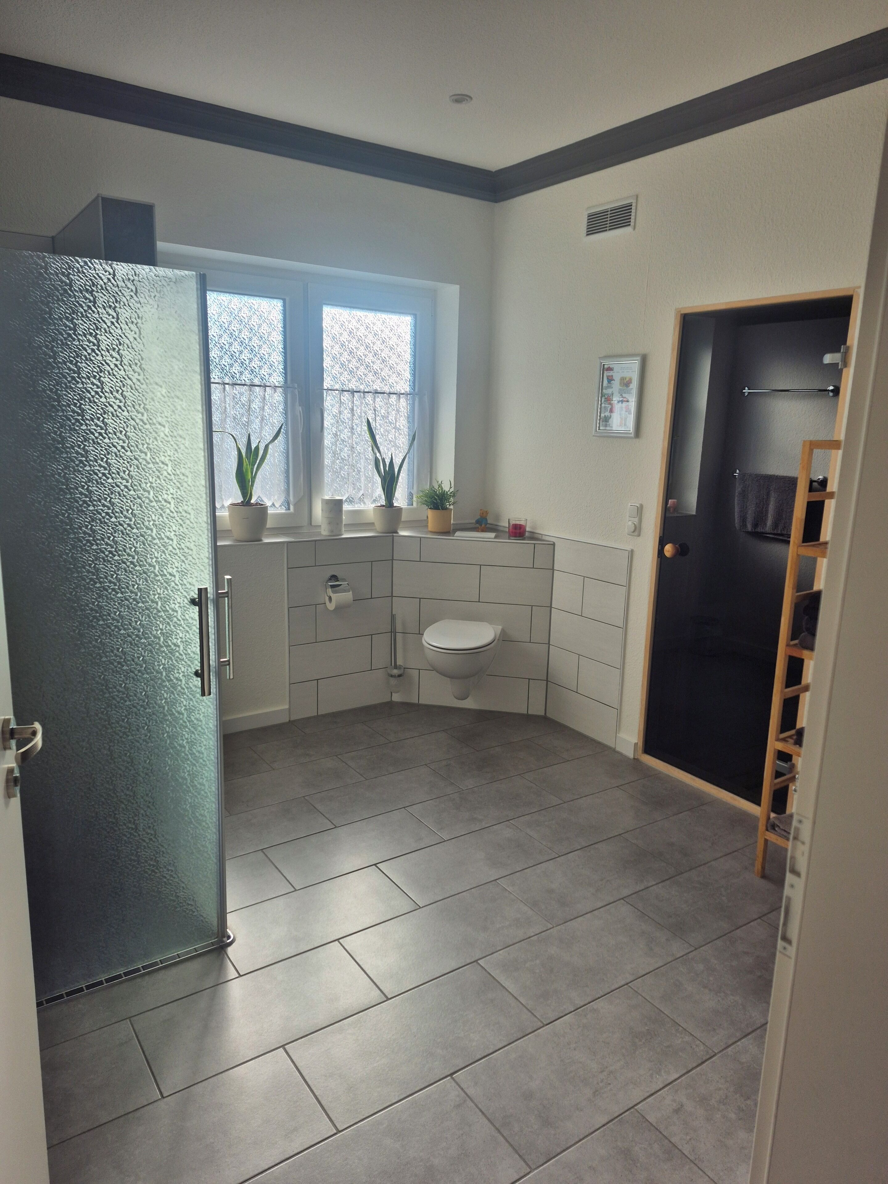 Shower, hair dryer, towels, toilet paper
