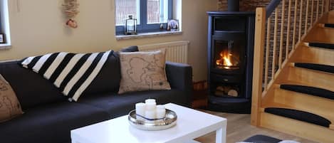 Smart-tv, een open haard, boeken en een filmbibliotheek