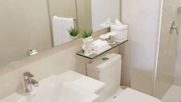 Douche, articles de toilette gratuits, sèche-cheveux, peignoirs