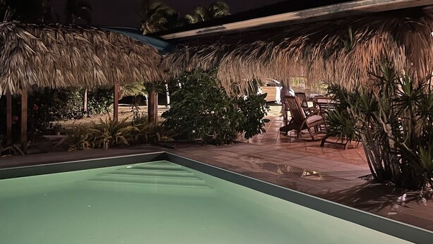 Una piscina con estructuras de techo de paja y asientos exteriores.