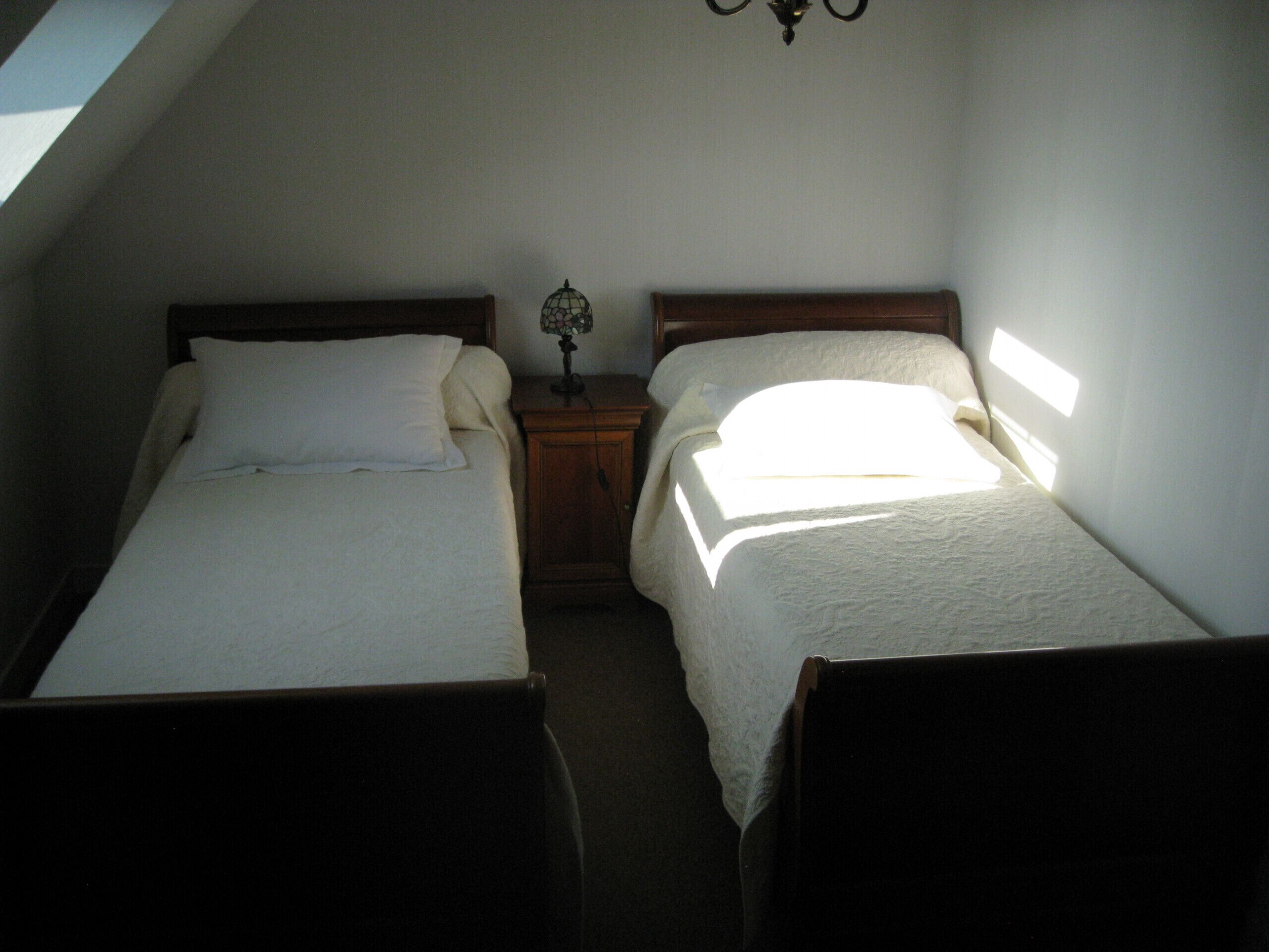 A small, dimly lit room with two single beds, a nightstand with a lamp, and a sloped ceiling.