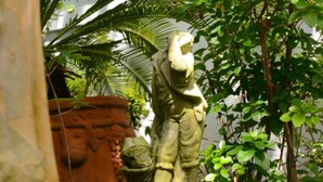 Una estatua de una figura en un jardín con una palmera y una planta en maceta.