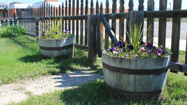 A wooden fence with a decorative top and two wooden planters with flowers. - Cozy Cottage- 3 blocks from Main St., Walden, CO (Walden)