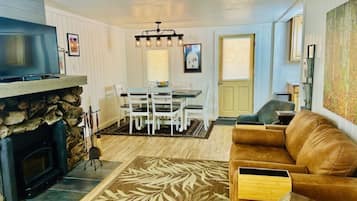 Smart TV, fireplace, books