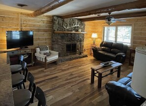 Smart TV, fireplace, books