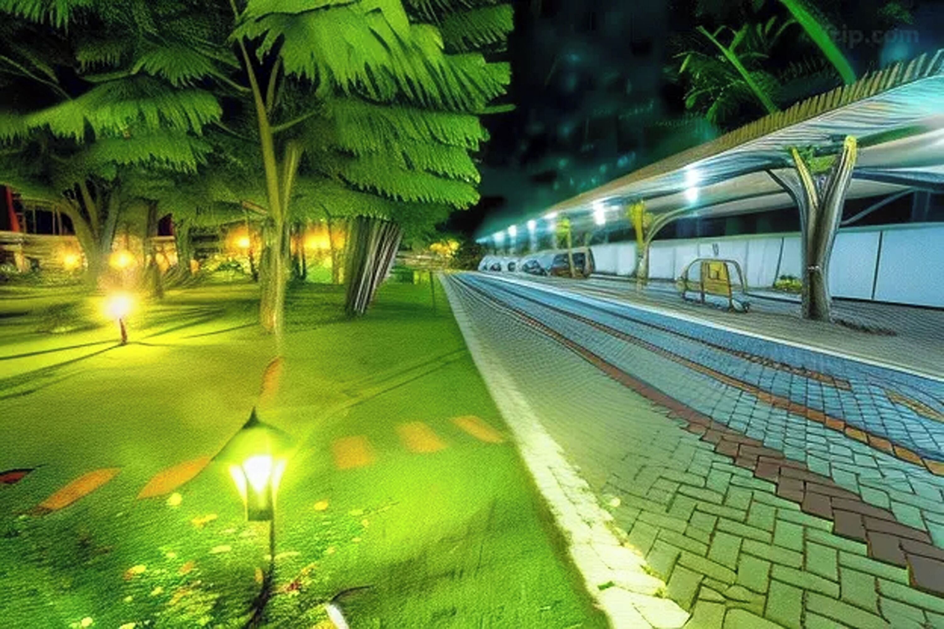 Vista nocturna de un andén de estación de tren con una zona de espera cubierta, árboles y un camino bien iluminado.