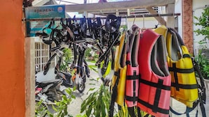Un présentoir rempli de gilets de sauvetage et d’équipement de plongée en apnée, le tout disponible à la location, avec un panneau indiquant les prix.