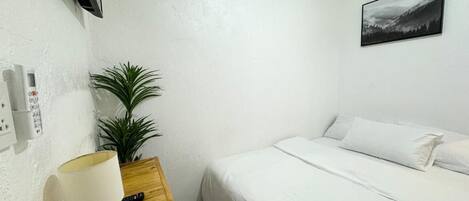 A hotel room with a bed, a bedside table with a lamp, a potted plant, and a painting on the wall.