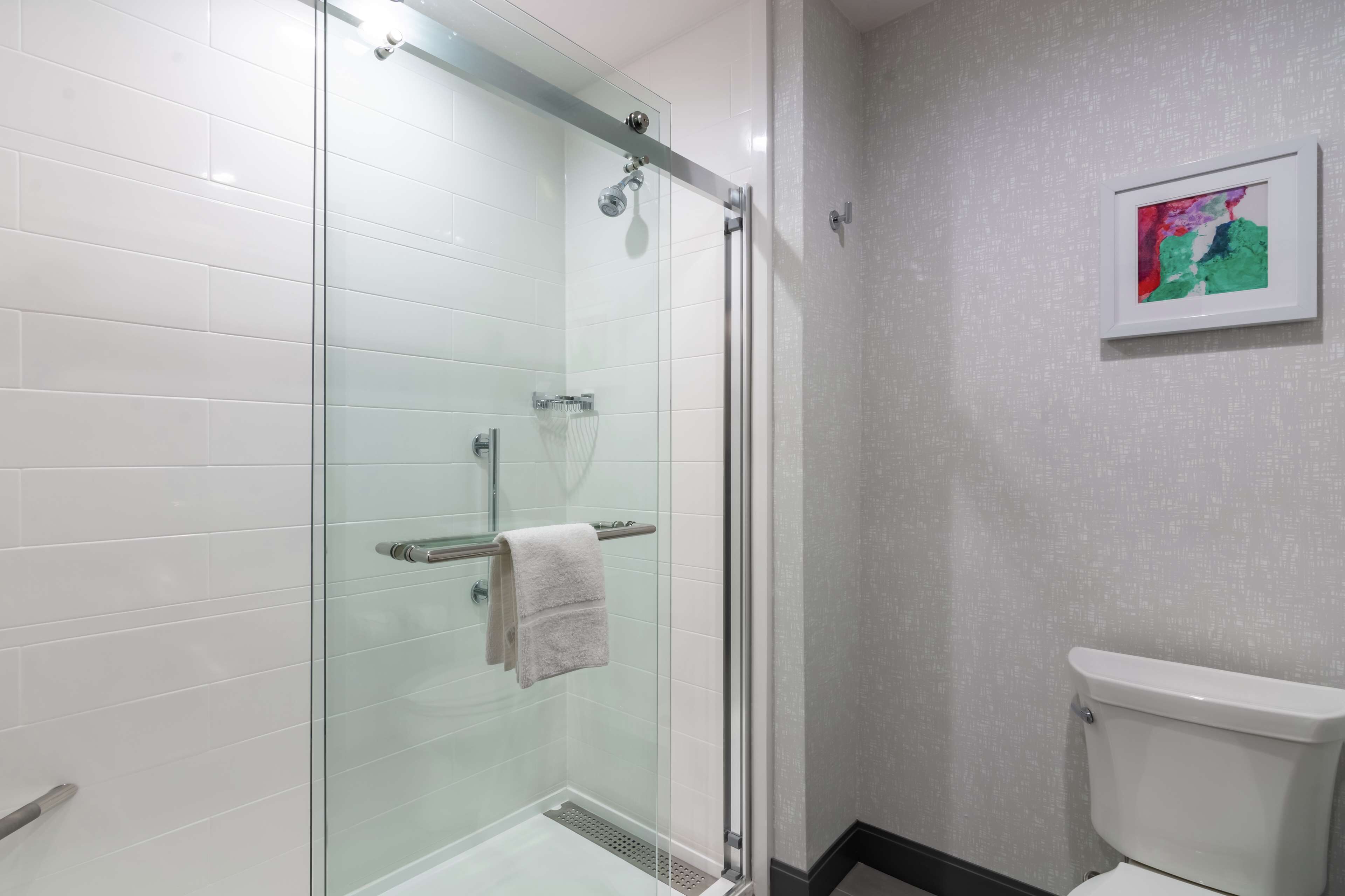 Un baño moderno con cabina de ducha de vidrio, inodoro blanco y una obra de arte enmarcada en la pared.