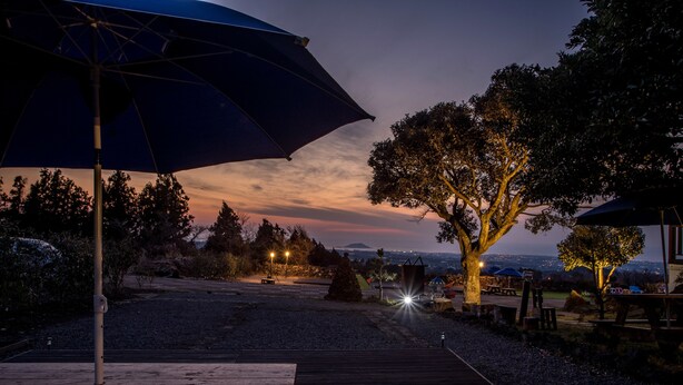 Een houten terras met een picknicktafel en parasol, omgeven door bomen en uitzicht op de stad in de schemering.