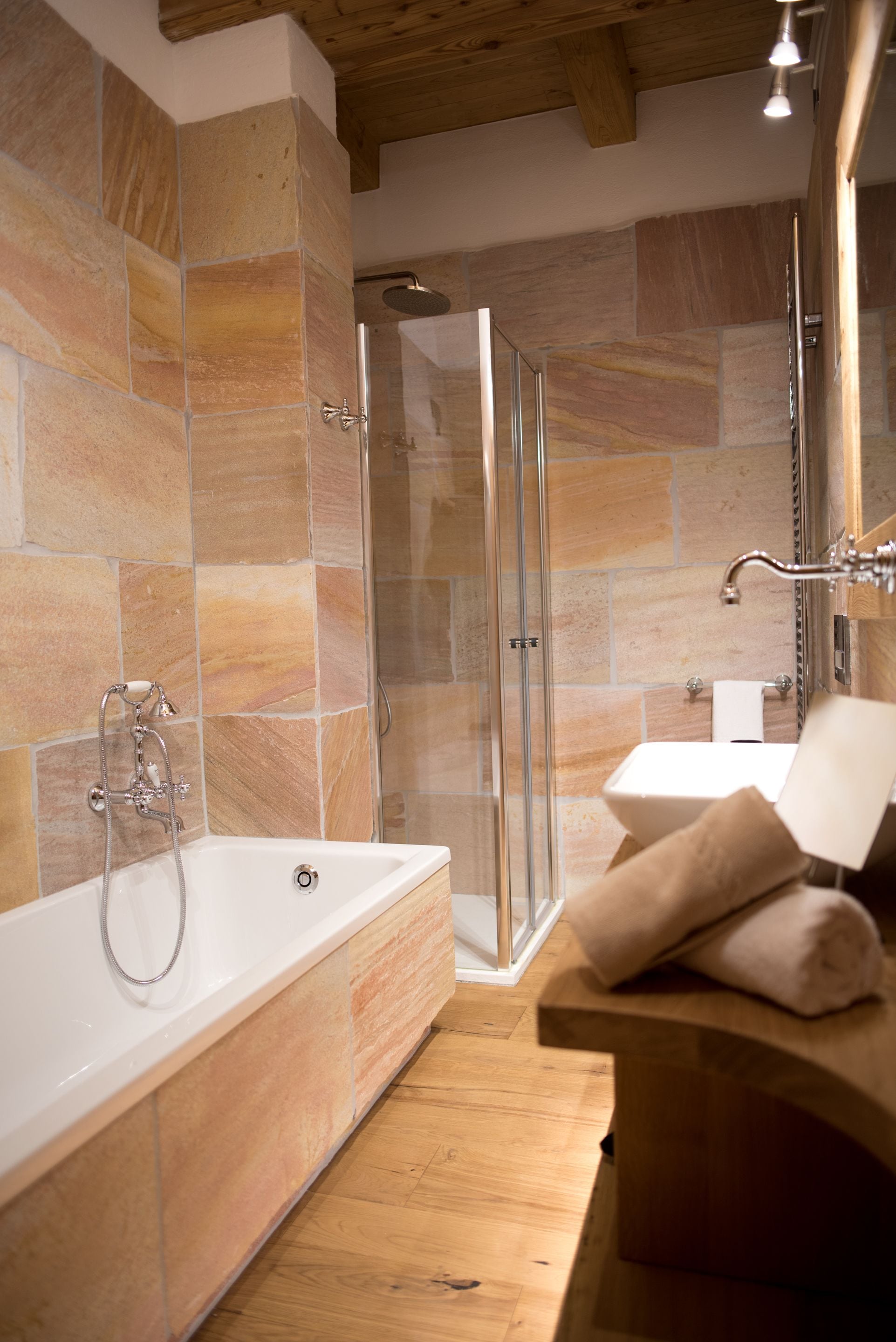 spring water bathtub, rainfall showerhead, free toiletries, hair dryer