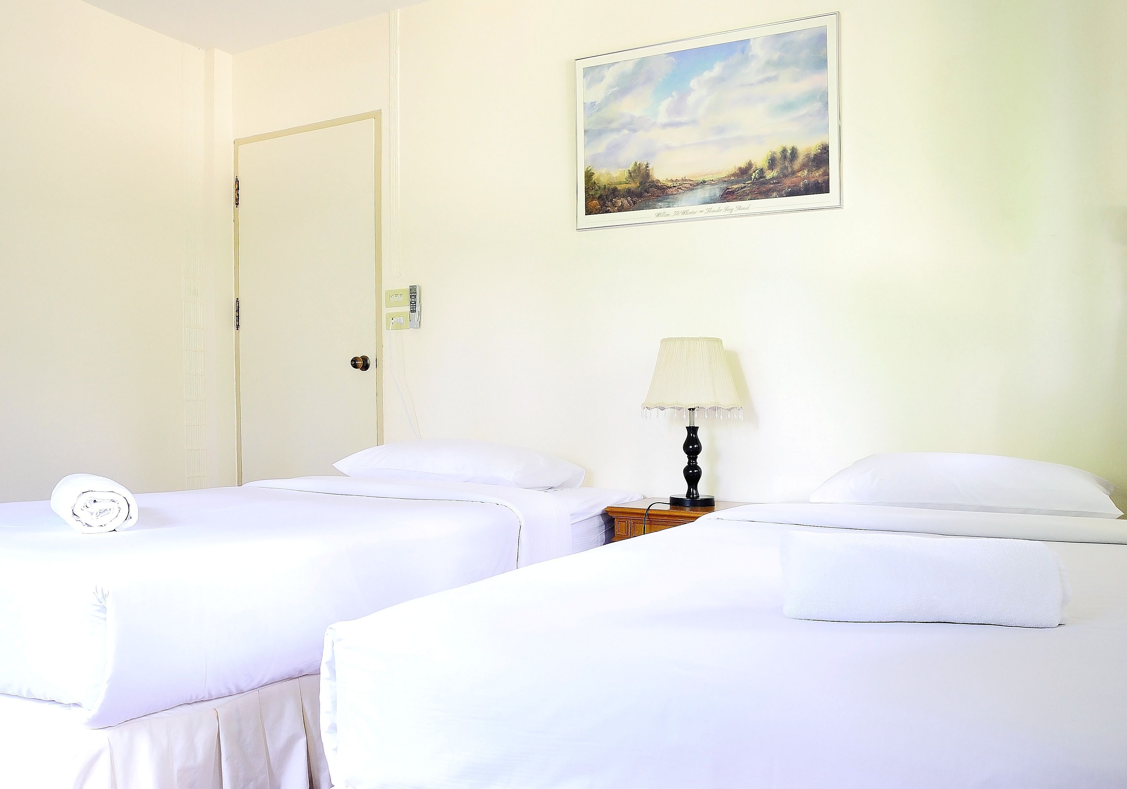 Una habitación de hotel con dos camas, un cuadro en la pared y una lámpara en la mesita de noche.