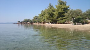 En la playa, playa de arena blanca, camastros y sombrillas 