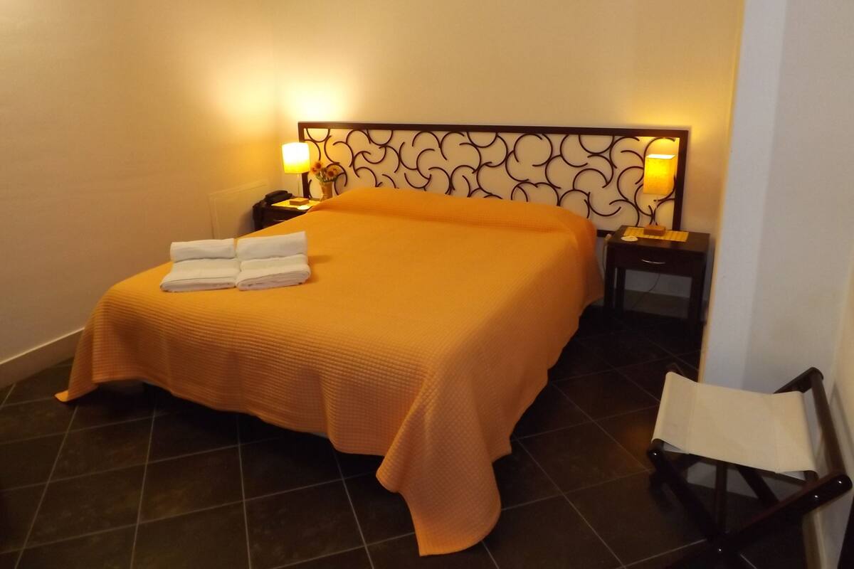 Una habitación de hotel con una cama grande, dos mesitas de noche con lámparas, una silla y un cabecero decorativo.