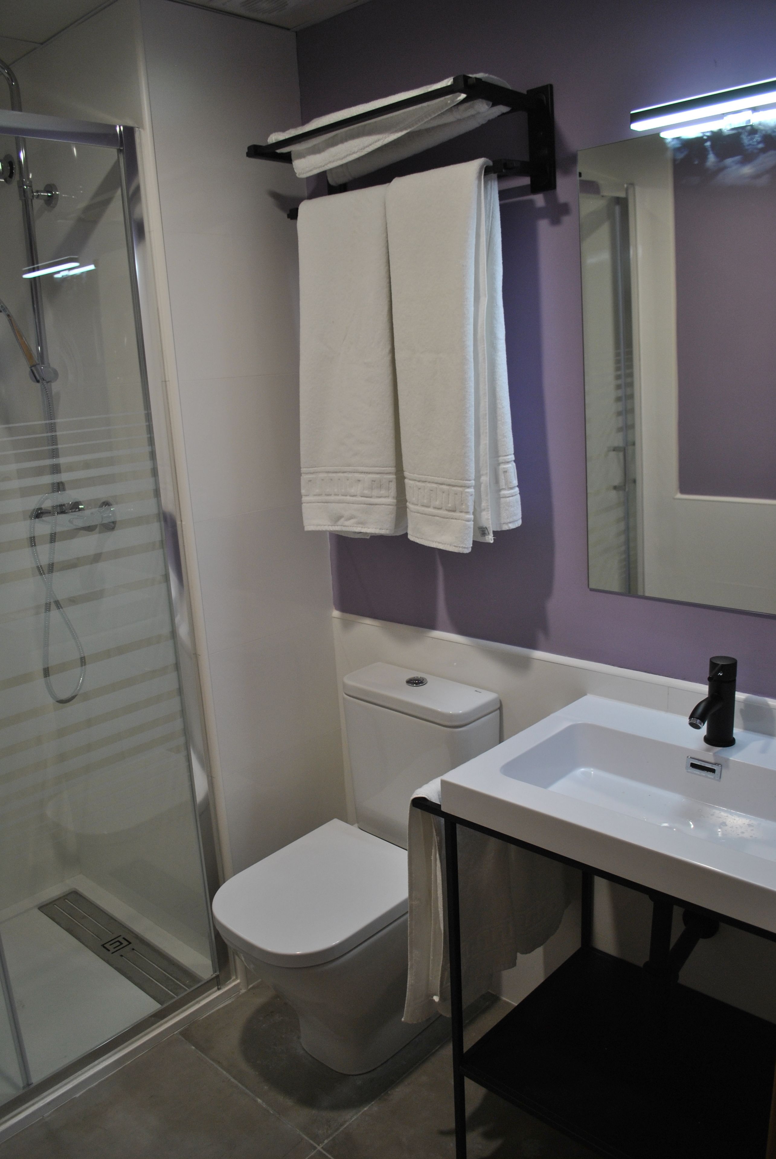 Een badkamer met een douchecabine van glas, een wit toilet, een wastafel met een zwarte kraan en twee handdoeken aan een rek.