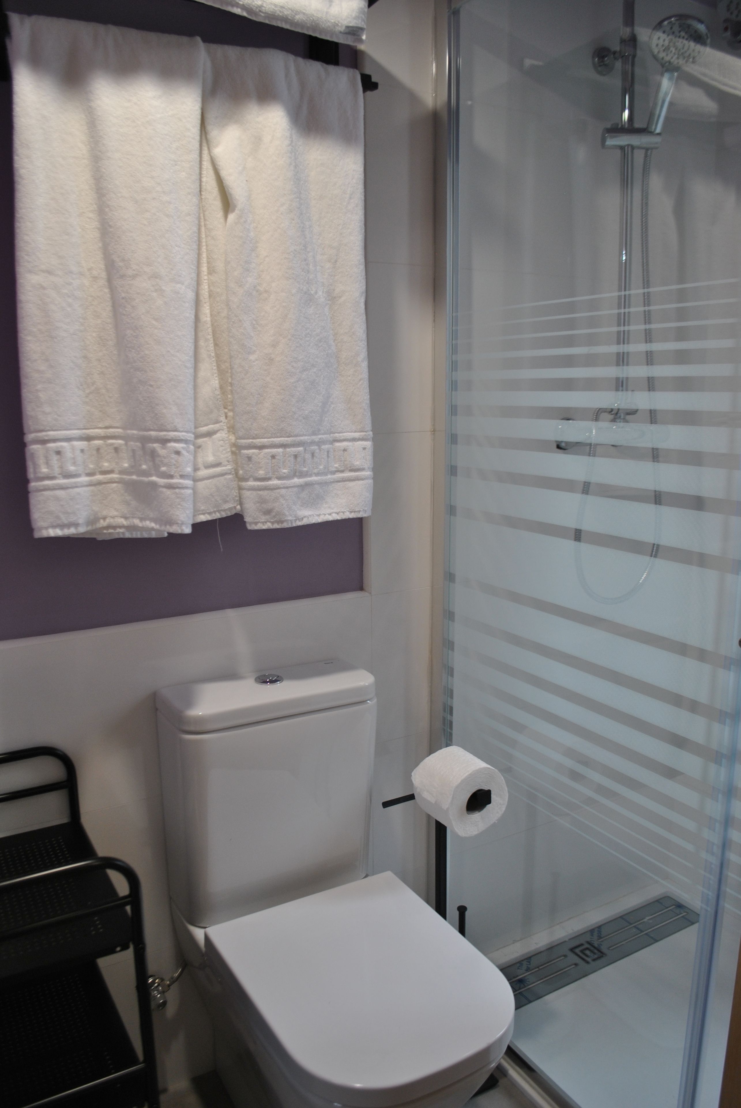 A bathroom with a toilet, a glass shower enclosure, and a towel rack with two towels.