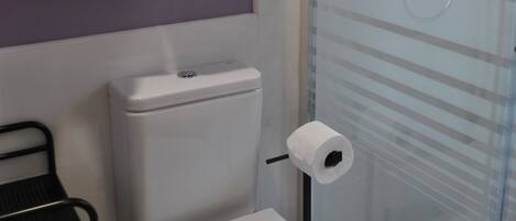 A bathroom with a toilet, a glass shower enclosure, and a towel rack with two towels.