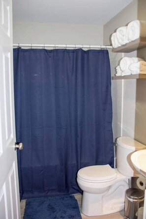 Hair dryer, towels, toilet paper
