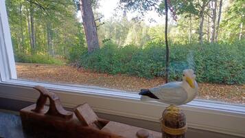 A window with a view of a forested area and a bird figurine on a wooden surface.