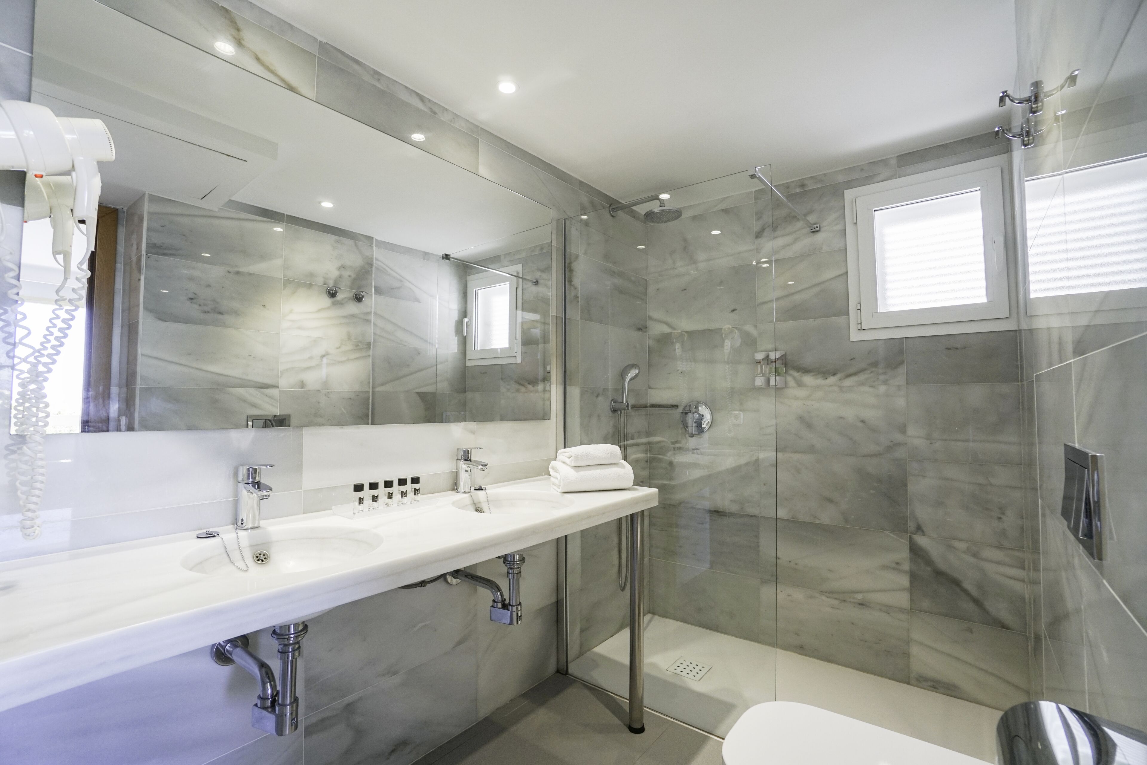 free toiletries, hair dryer, towels