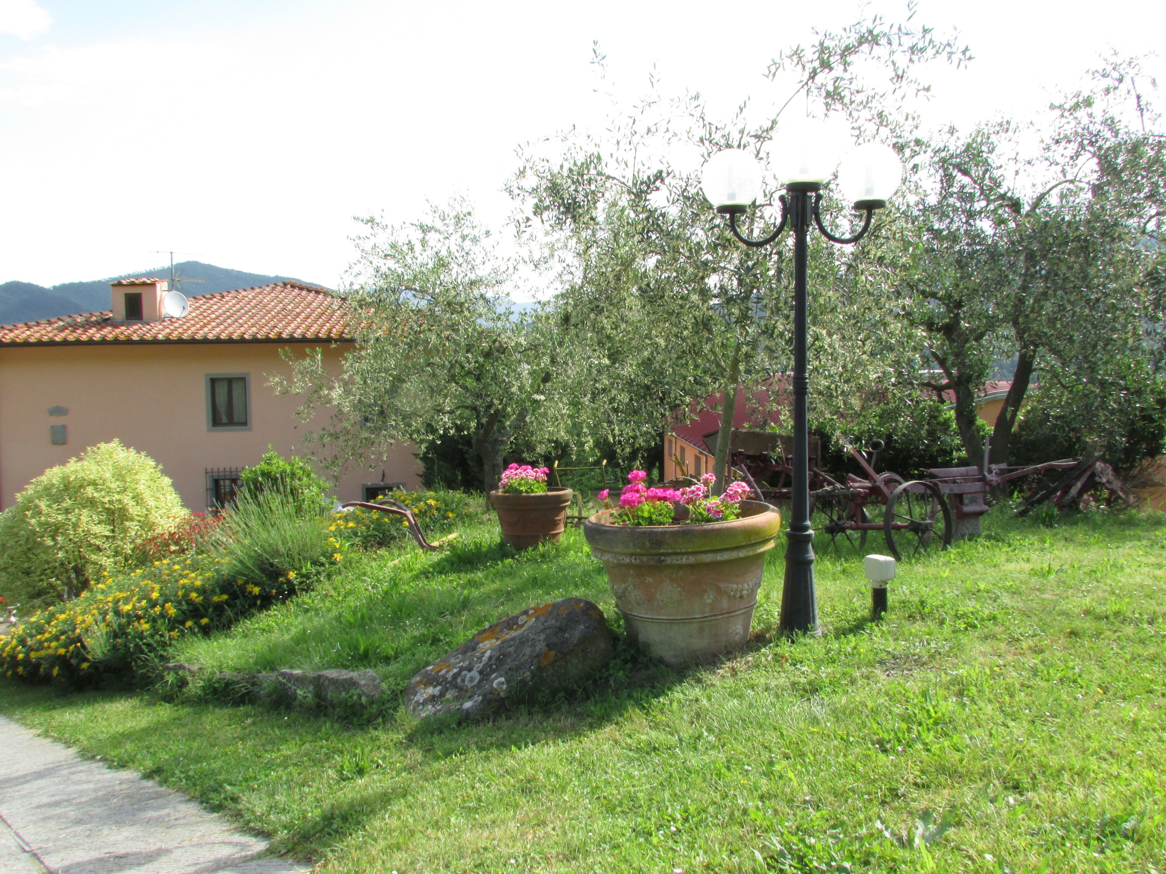 Um jardim com um caminho, vasos de flores grandes e um poste de luz.