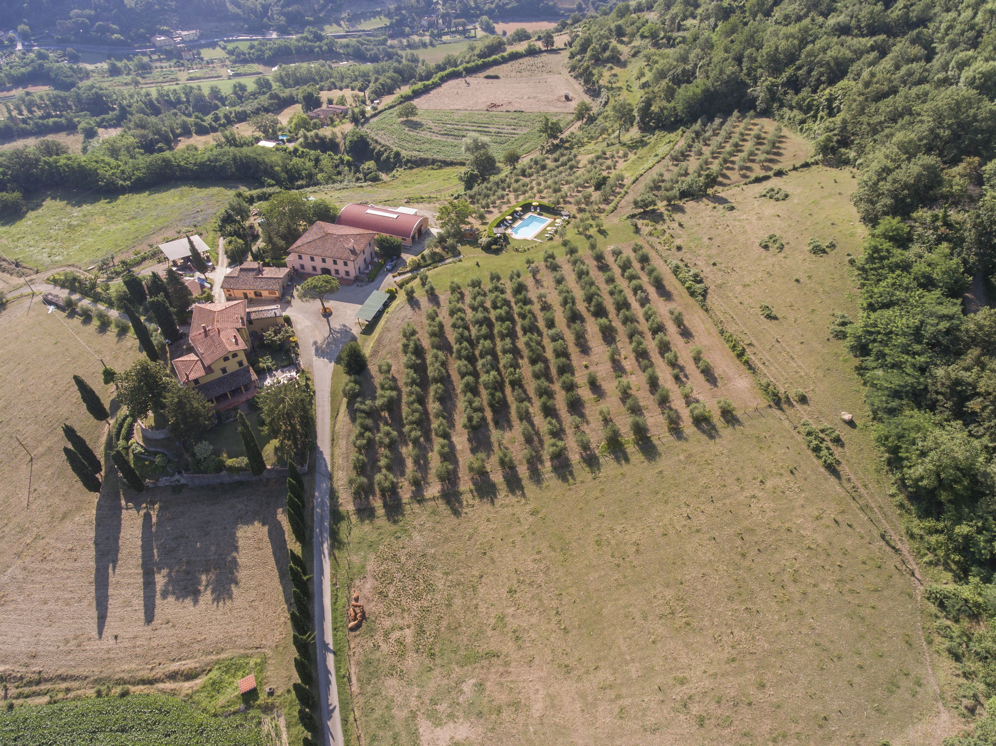 Vista aérea de una propiedad rural con campos en terrazas, piscina y un conjunto de edificios con tejados de tejas rojas.