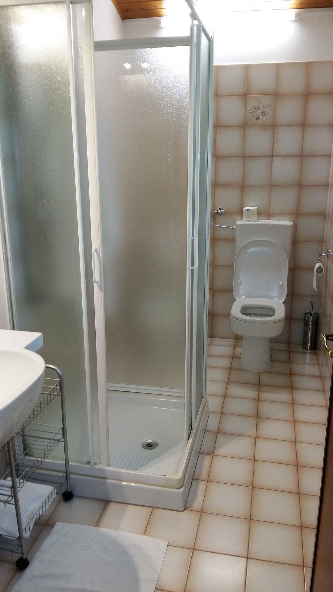 Un baño con ducha de vidrio, inodoro y lavamanos con una rejilla metálica.