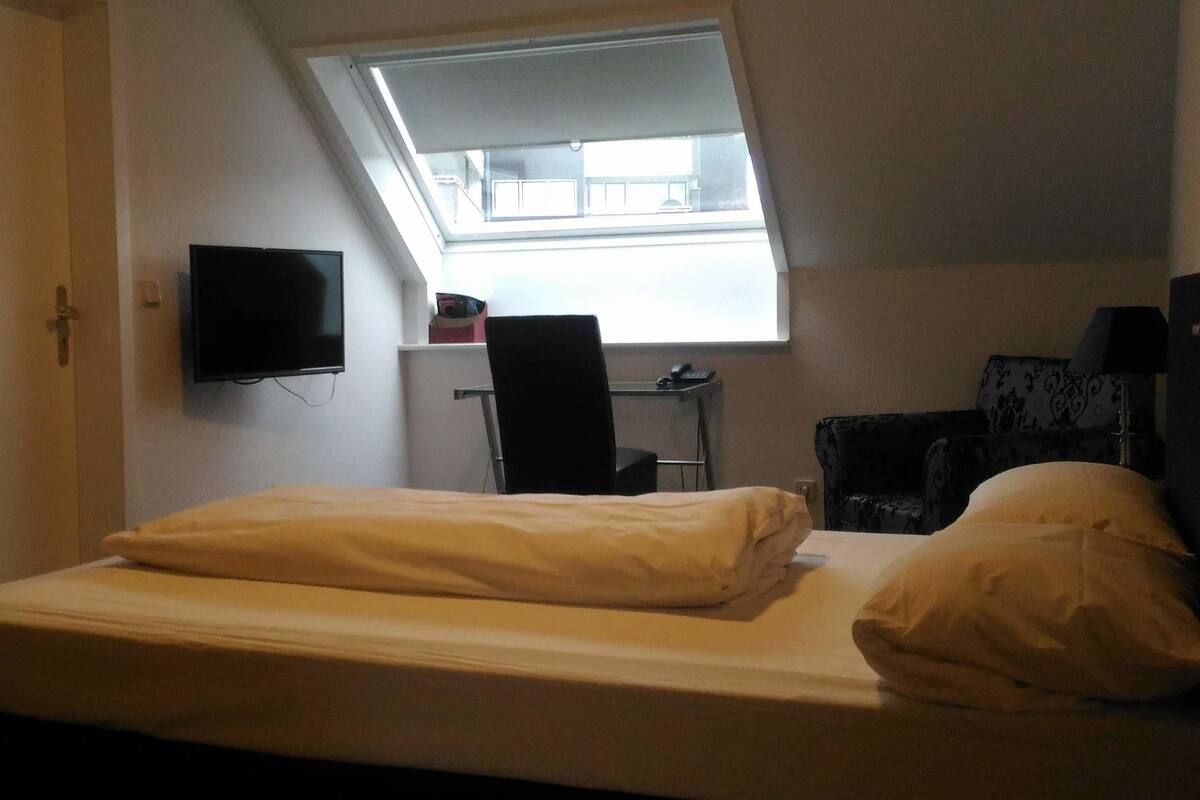 A room with a bed, a desk, a chair, a TV, and a skylight.