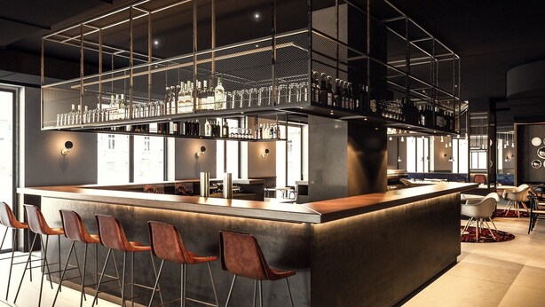 Zona de bar moderna con barra, taburetes y una variedad de botellas y copas.