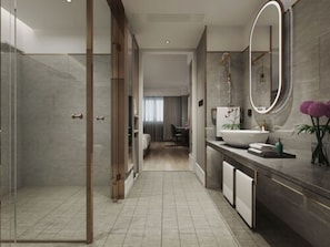 Shower, free toiletries, hair dryer, slippers