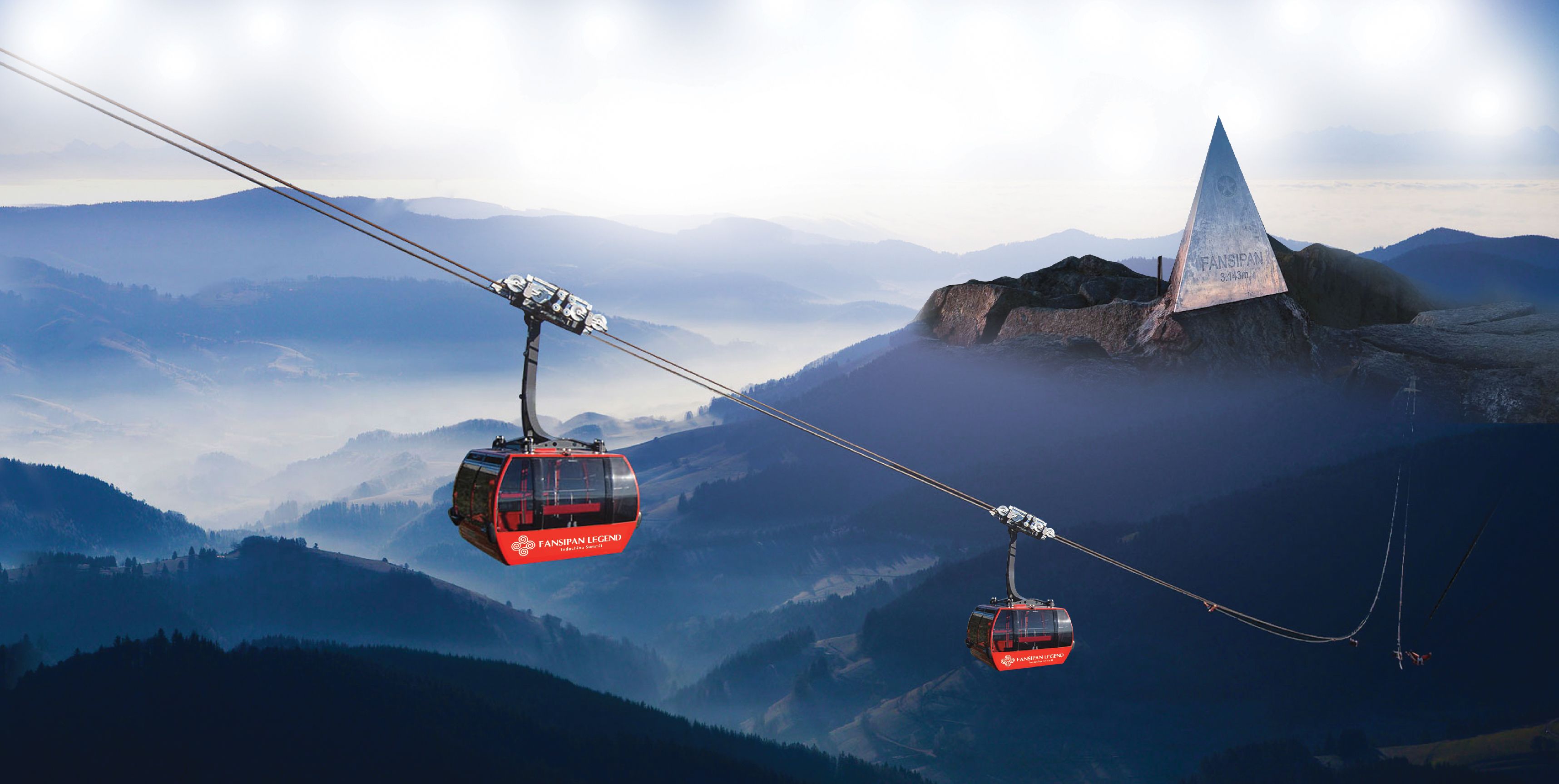 Un sistema de teleférico con cabinas identificadas como 'FANSIPAN LEGEND' frente a un paisaje montañoso.