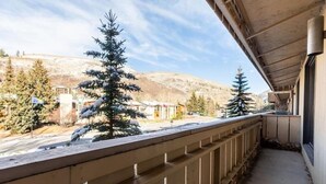 A balcony with a view of snow-covered trees and a mountain in the background. - Condos with Ski Locker and Vail Mountain Views by RedAwning (Vail)
