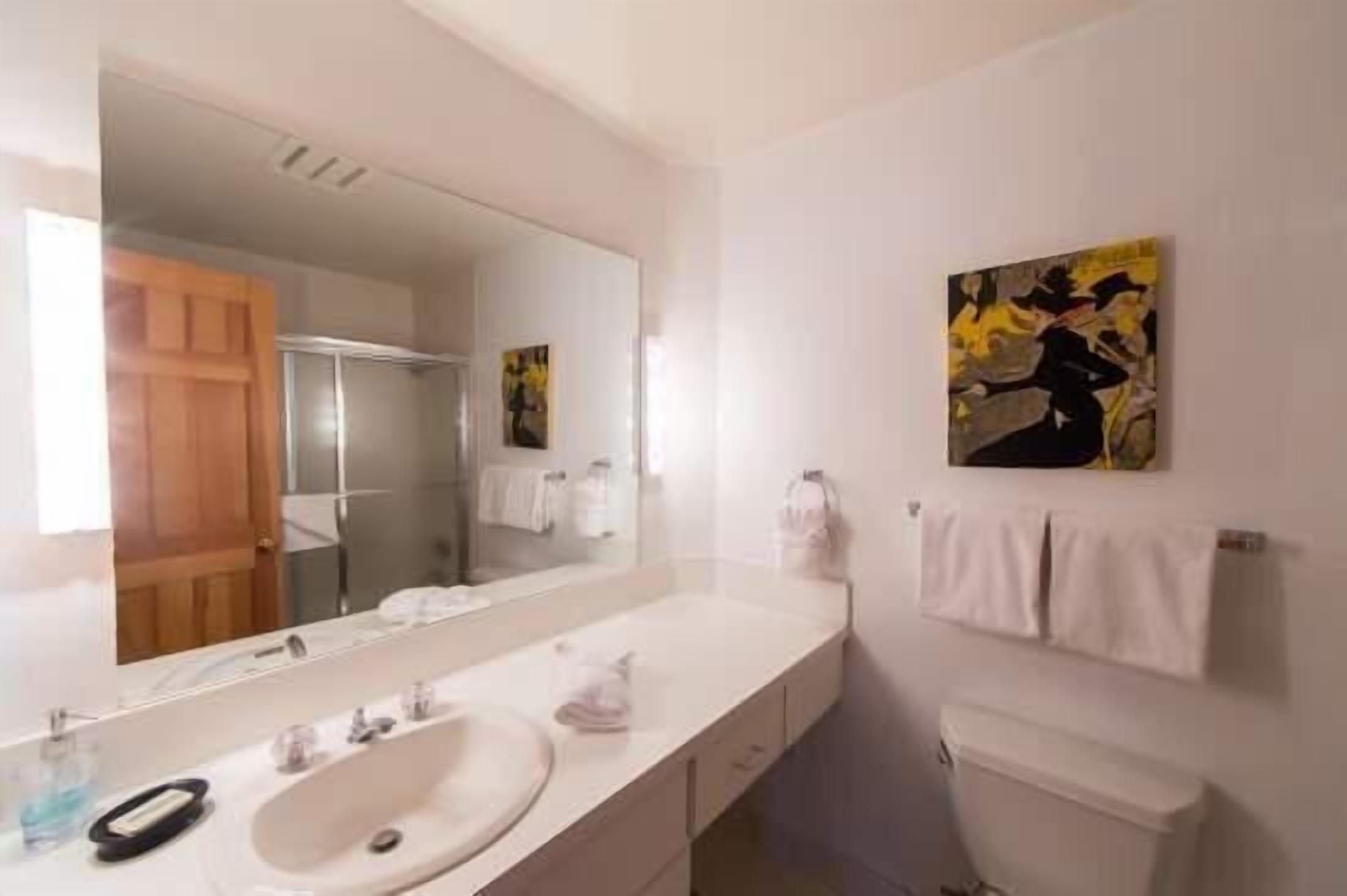 A bathroom with a large mirror, a white sink, a toilet, and a towel rack.