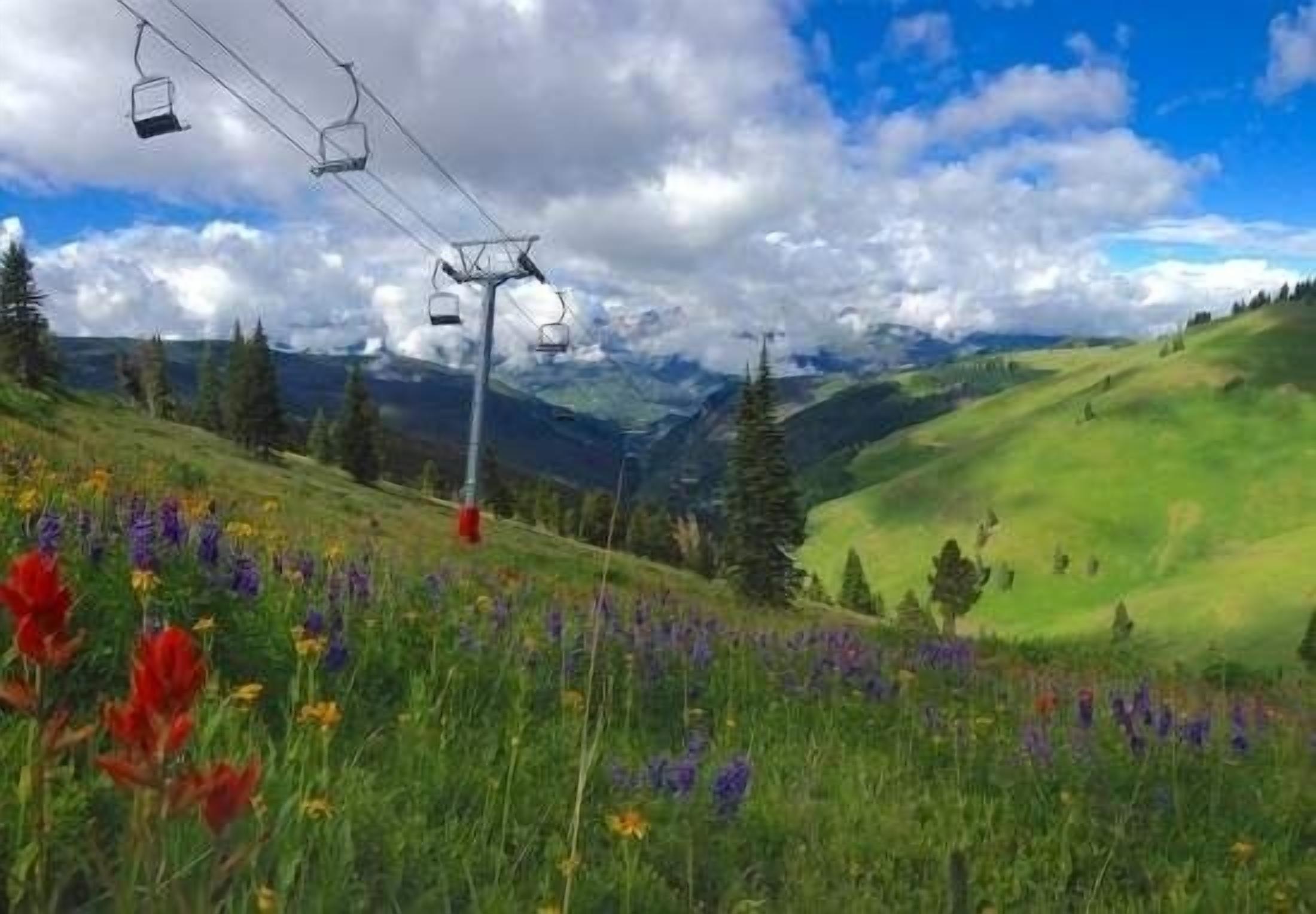 A ski lift with chairs suspended from cables, surrounded by a mountainous landscape with green hills and a clear sky.