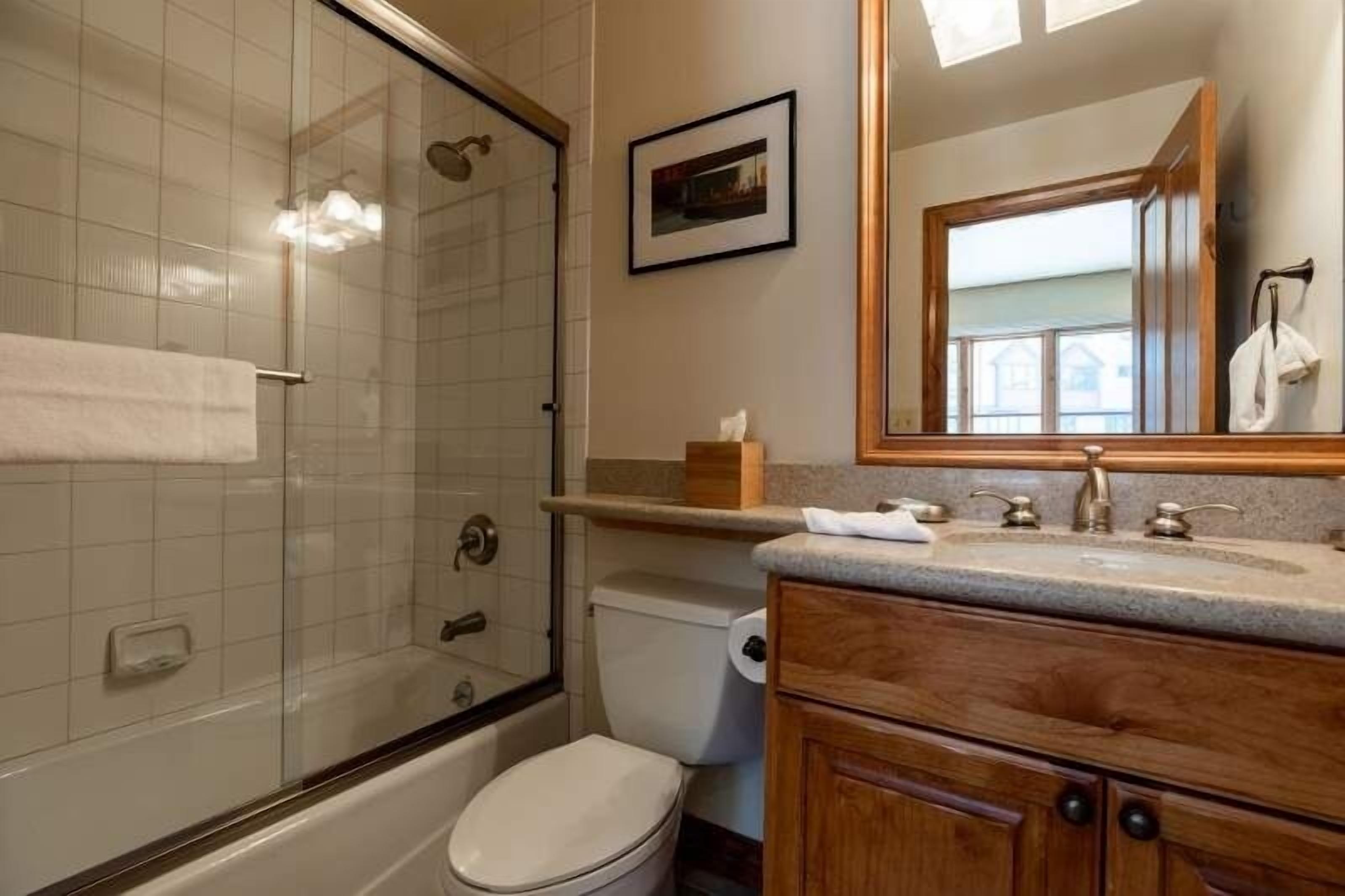 A bathroom with a glass-enclosed shower, a toilet, a sink with a vanity, and a mirror.