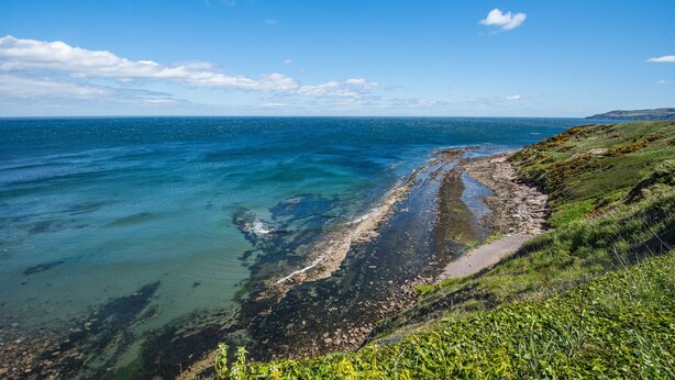 A coastal landscape with clear blue waters, rocky shoreline, and green vegetation. - WINDYRIG, Cockburnspath - sleeps 4 in 2 bedrooms (Cockburnspath)