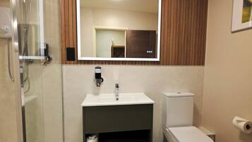 Un baño con cabina de ducha de vidrio, un lavabo con espejo y un inodoro.
