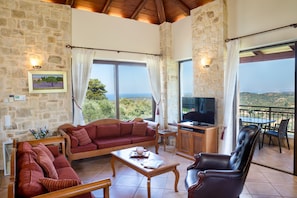 Televisión de plasma, chimenea, reproductor de DVD y estéreo