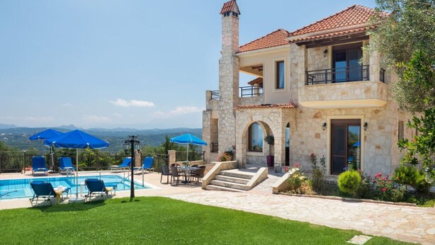 A stone villa with a swimming pool, outdoor seating, and a view of the landscape. - Family Villa w/Pool, Billiard ,Ping Pong, BBQ area (Chania)