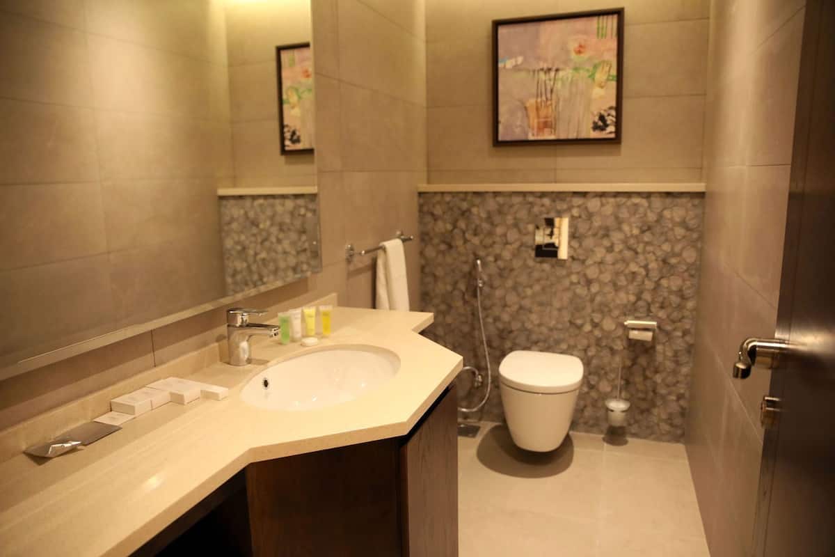 A modern bathroom with a large sink, a toilet, and a shower.