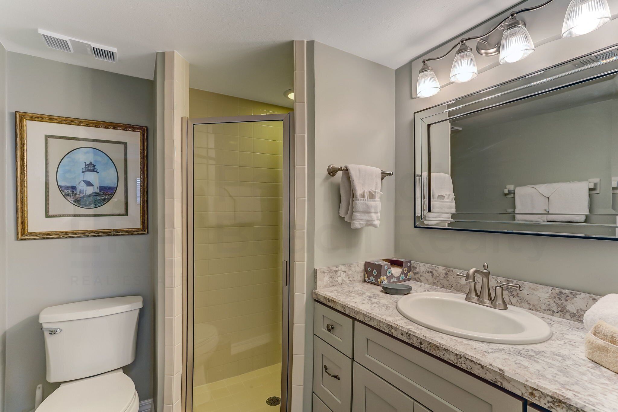 A bathroom with a toilet, a sink with a marble countertop, a large mirror with lights, and a framed picture on the wall.