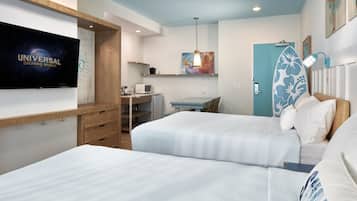 Habitación de hotel con dos camas, televisión, escritorio y kitchenette.
