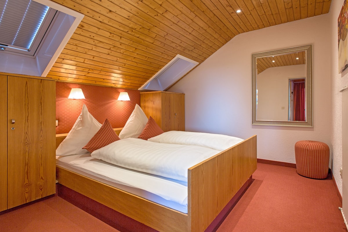 Un dormitorio con cama de madera, tragaluz, espejo y alfombra roja.