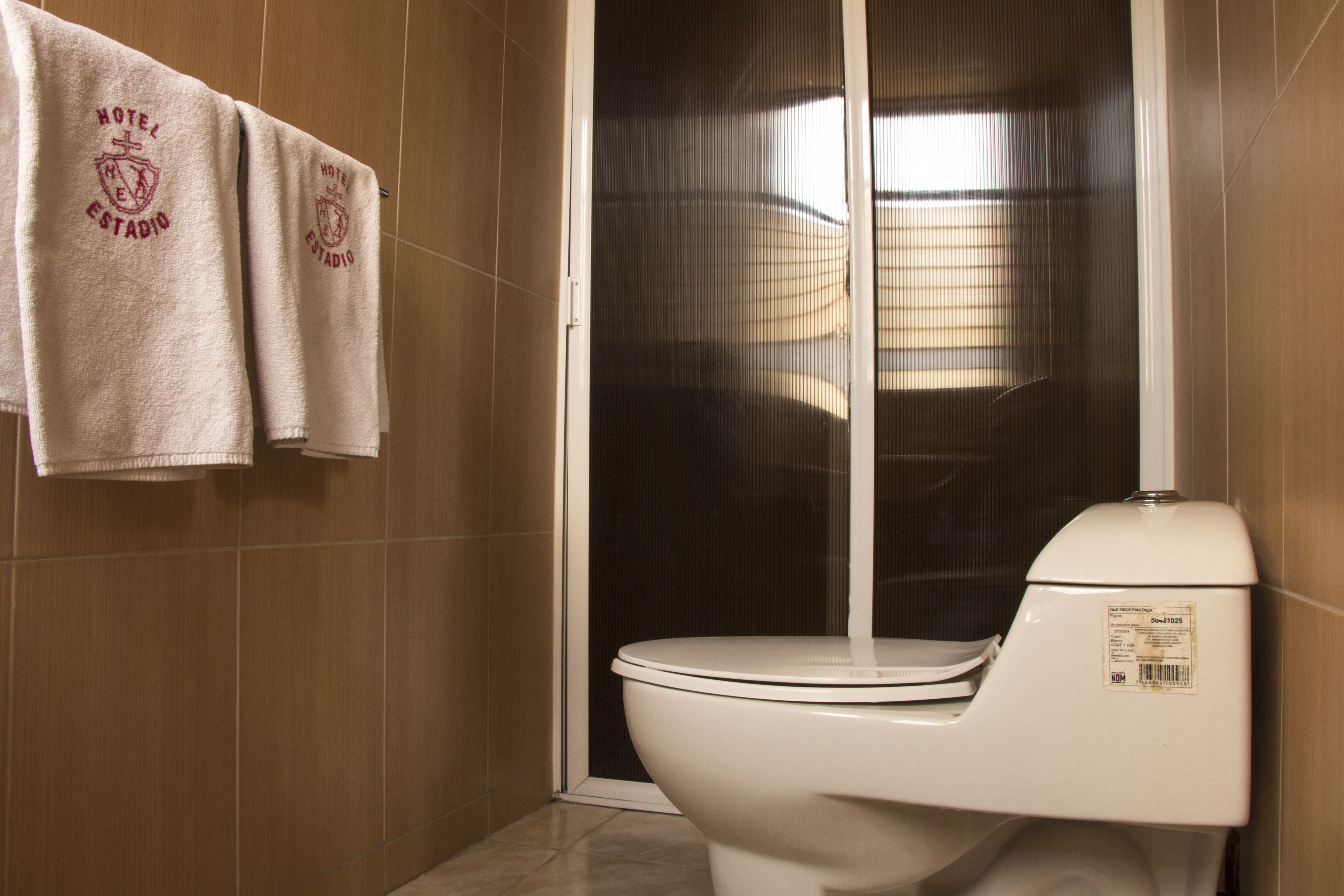 Une salle de bain équipée de toilettes, d’une douche et de deux serviettes accrochées au mur.