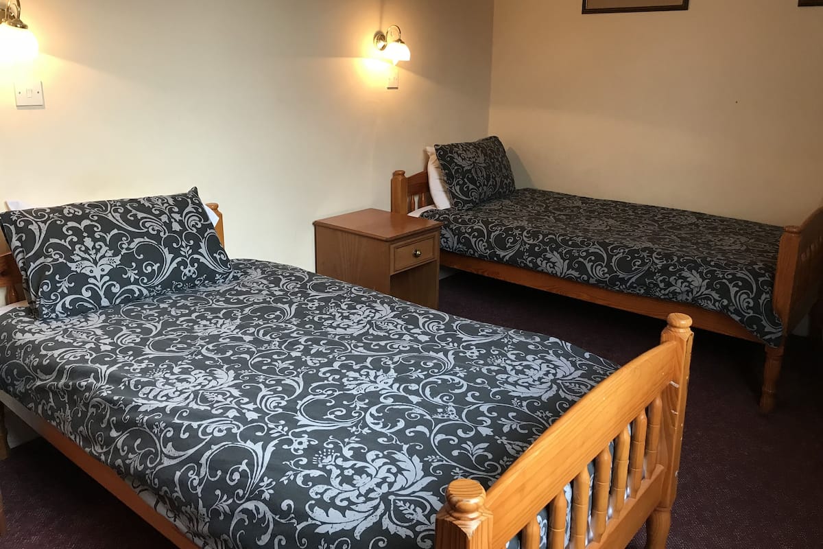 Una habitación con dos camas individuales, cada una con una colcha estampada, una mesita de noche de madera y una lámpara fijada a la pared.