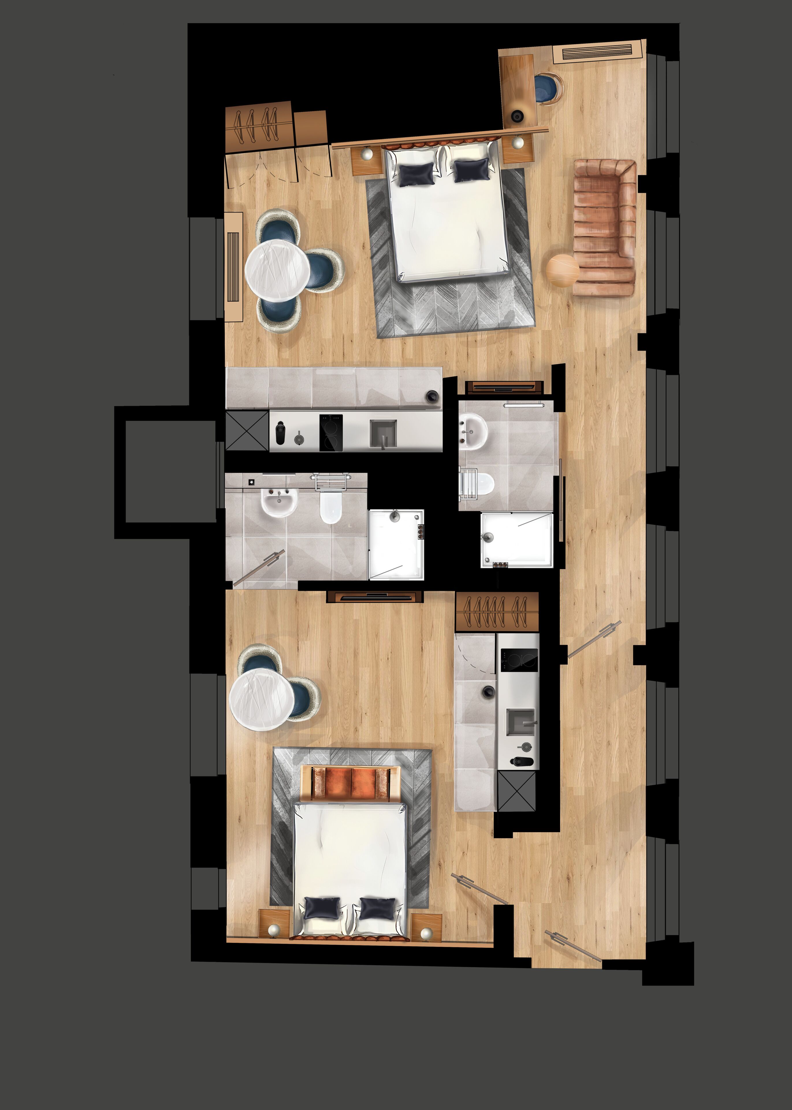 Vue d’ensemble d’une chambre d’hôtel, montrant un lit, un coin salon, une kitchenette, une salle de bain et un coin repas.