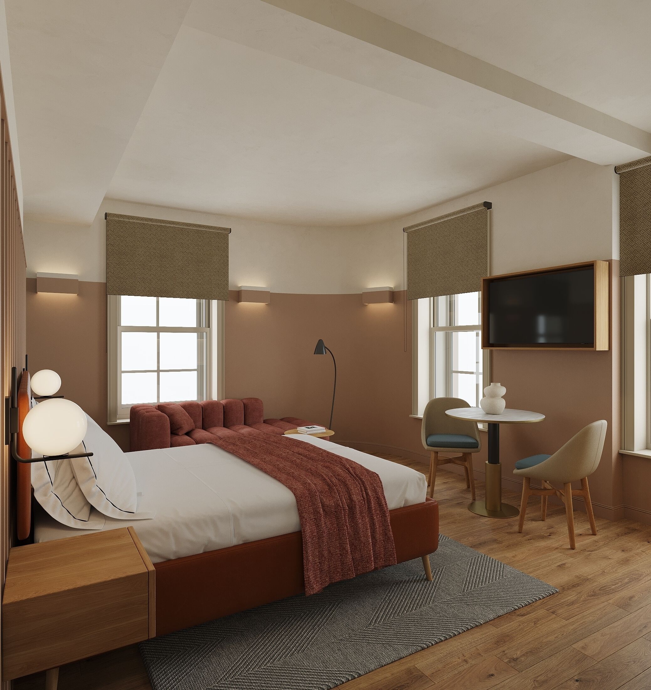 Une chambre d’hôtel moderne dotée d’un grand lit, de tables de chevet, d’un bureau avec une chaise, d’un téléviseur fixé au mur et de grandes fenêtres avec des rideaux.